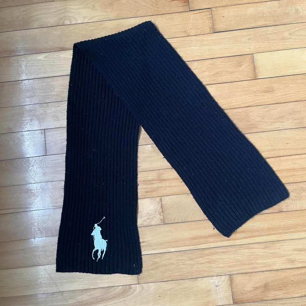 Polo Ralph Lauren Black Ribbed Knit Scarf Big Pony Logo Cotton Wool Blend Unisex